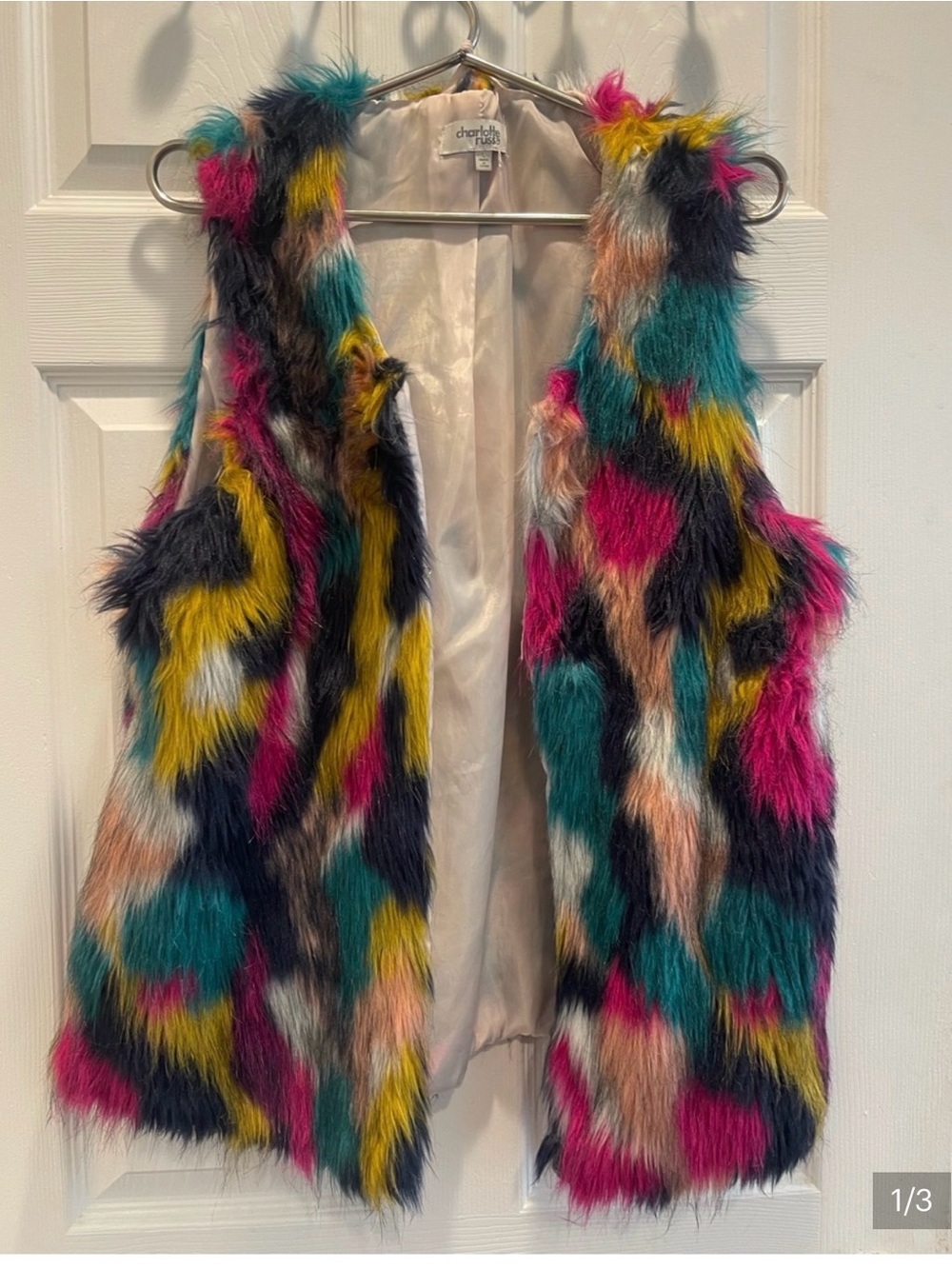 Charlotte Russe Multicolor Faux Fur Vest in Teal, Pink, Yellow & Black